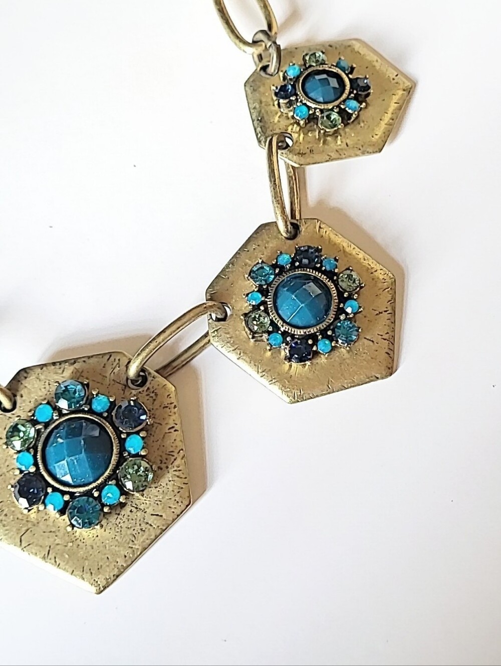 Mythologie Statement Necklace with Teal, Blue & Green Stones In Antiqued Gold - Picture 2 of 9